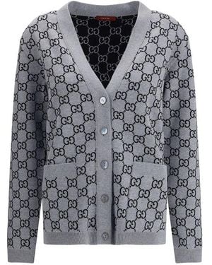 Gucci L/s V/nk Crdgn Fine Wo GG Tub - Gray