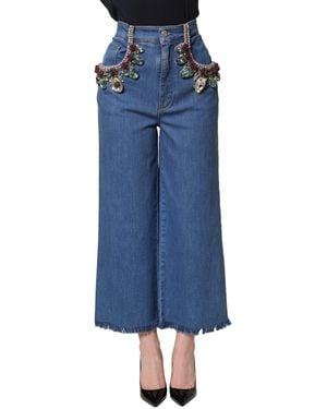 Dolce & Gabbana Blue Embellished Wide Cropped Denim Jeans