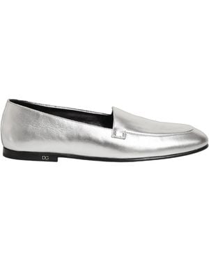 Dolce & Gabbana Silver Leather Dg Logo Slip On Loafers Shoes - White