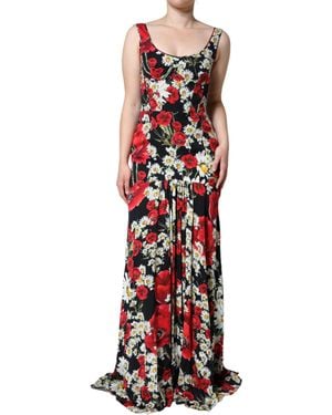 Dolce & Gabbana Floral Silk Sleeveless Long Gown Dress - Red