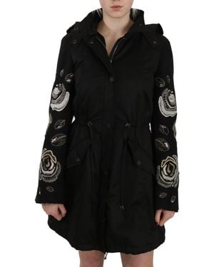 John Richmond Floral Sequined Beaded Hooded Coat Black Jkt2341