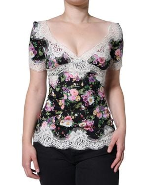 Dolce & Gabbana Black Floral Lace Short Sleeves Blouse Top