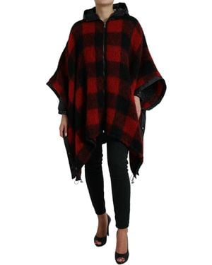 Dolce & Gabbana Black Red Buffalo Check Hooded Poncho Jacket