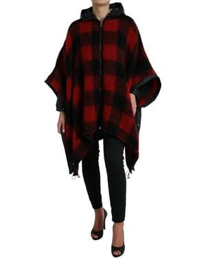 Dolce & Gabbana Black Red Buffalo Check Hooded Poncho Jacket