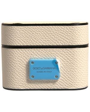 Dolce & Gabbana White Leather Metal Logo Plaque Holder Airpods Case - Blue