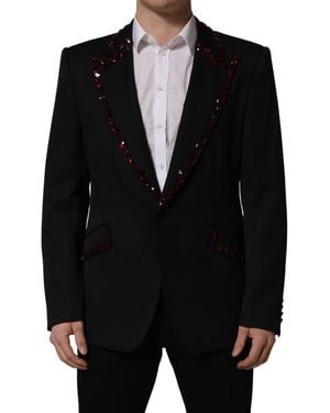 Dolce & Gabbana Crystal Embellished Coat Blazer Jacket Virgin Wool Silk Polyester Clothing - Black
