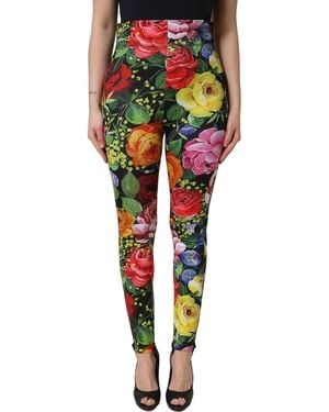 Dolce & Gabbana Multicolour Floral Stretch Jersey Leggings Trousers - Yellow
