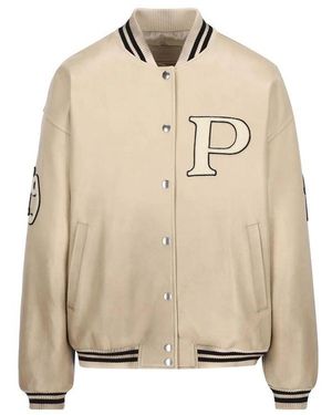Prada Logo-Appliqué Leather Bomber Jacket - Natural