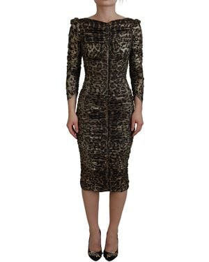 Dolce & Gabbana Elegant Leopard Print Midi Bodycon Dress - Black