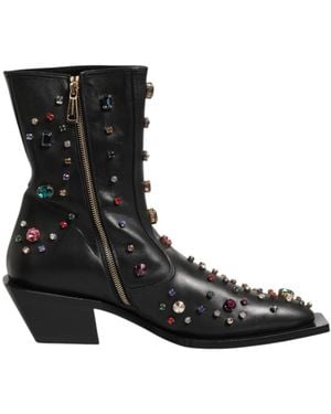 Dolce & Gabbana Gem Embellished Leather Ankle Boots - Black