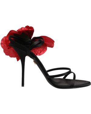 Dolce & Gabbana Black Leather Strappy Flower Heels Sandals Shoes - White