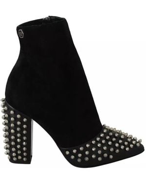 Philipp Plein Black Suede Studded Heels Ankle Boots Shoes