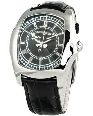 Chronotech Black Leather Watch - Metallic