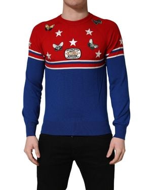 Dolce & Gabbana Multicolor Wool Butterfly Star Men Crew Neck Sweater - Blue