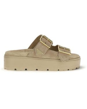 Prada Beige Calf Leather Bos Taurus Platform Sandals - Natural