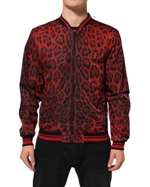 Dolce & Gabbana Red Leopard Print Full Zip Bomber Men Jacket