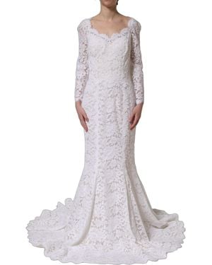 Dolce & Gabbana White Floral Lace Mermaid Long Gown Dress - Purple
