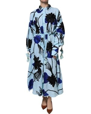 Christian Pellizzari Light Blue Floral Embellished Shirt Maxi Dress