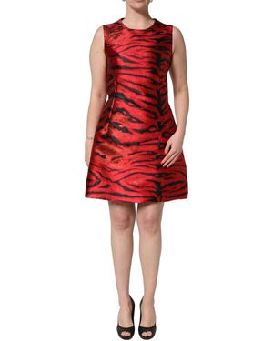 Dolce & Gabbana Red Black Tiger Print Jacquard Flared Dress