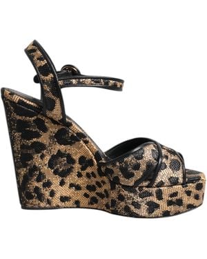 Dolce & Gabbana Brown Leopard Wedges Ankle Strap Sandals Shoes - Black