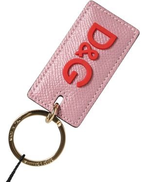 Dolce & Gabbana Pink Calf Leather Logo Metal Ring Men Keychain Keyring