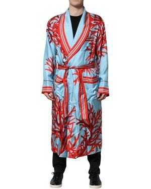 Dolce & Gabbana Blue Red Coral Print Wrap Robe Coat Jacket