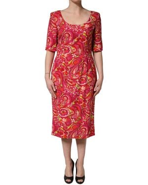 Dolce & Gabbana Red Paisley Floral Print Sheath Midi Dress