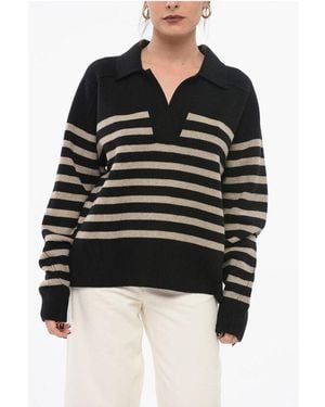 Rag & Bone Awning Striped Wool Blend Pullover With Polo Neck - Black