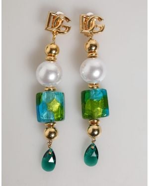 Dolce & Gabbana Gold Brass Multicolor Pearl Green Blue Drop Logo Dg Earrings