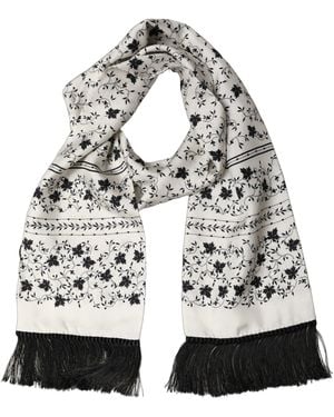 Dolce & Gabbana White Floral Silk Fringed Neck Shawl Scarf - Gray