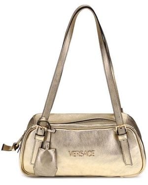 Versace Laminated Metallic Bowling Shoulder Bag - Natural