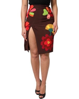 Dolce & Gabbana Brown Floral High Waist Side Slit Skirt - Red