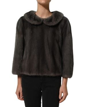 Dolce & Gabbana Dark Grey Mink Fur Round Collar Blouse Top - Black