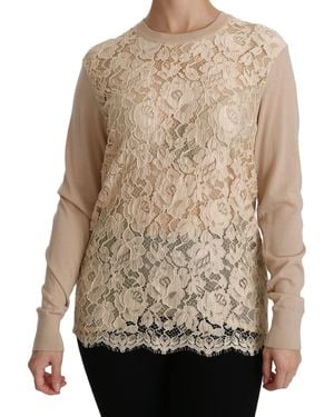 Dolce & Gabbana Dolce Gabbana Beige Lace Long Sleeve Top Cashmere Blouse - Brown