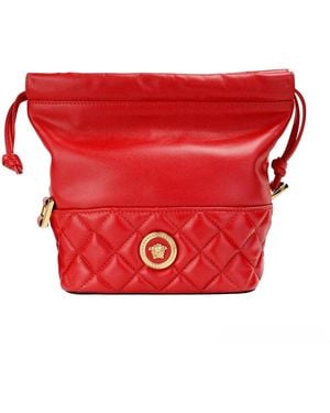 Versace Red Quilted Leather Drawstring Shoulder Bag Bucket Crossbody Handbag