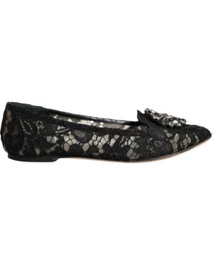 Dolce & Gabbana Black Lace Crystal Ballet Flats Loafer Shoes