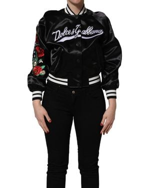 Dolce & Gabbana Black Satin Floral Embroidery Bomber Jacket