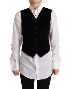 Dolce & Gabbana Black V-neck Leopard Corduroy Button Vest Top
