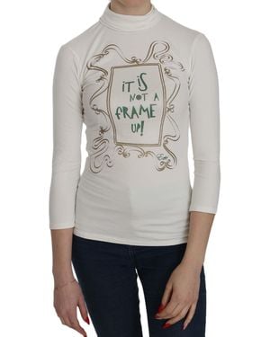 Exte White Printed Turtle Neck 3/4 Sleeve Top Cotton Blouse - Multicolour