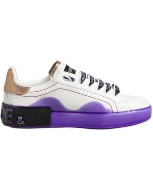 Dolce & Gabbana White Purple Leather Low Top Trainer Shoes