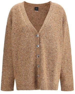 Pinko Bouclé Fabric Cardigan With Rhinestones - Brown