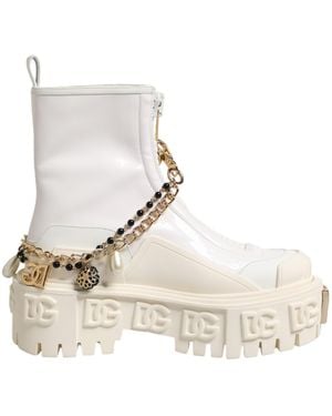 Dolce & Gabbana White Leather Rubber Logo Ankle Boots Shoes - Natural