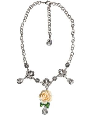Dolce & Gabbana Silver Tone Brass Clear Crystal Roses Pendants Necklace - Metallic