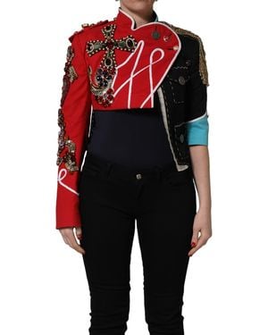 Dolce & Gabbana Multicolor Asymmetrical Ornate Jewel Cropped Jacket - Red