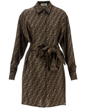 Fendi FF Silk Twill Belted Shirt Dress - Brown