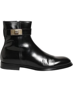 Dolce & Gabbana Black Leather Logo Buckle Mid Calf Boots Shoes