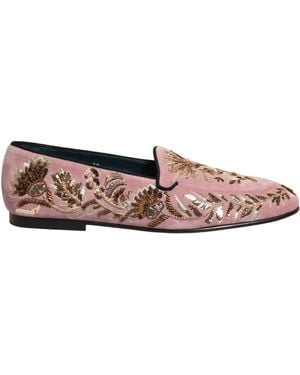 Dolce & Gabbana Pink Velvet Floral Embroidery Loafers Shoes