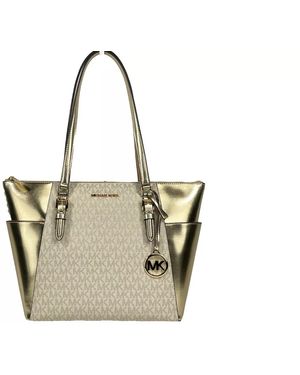 Michael Kors Charlotte Large Leather Top Zip Tote Bag Purse Gold - Black