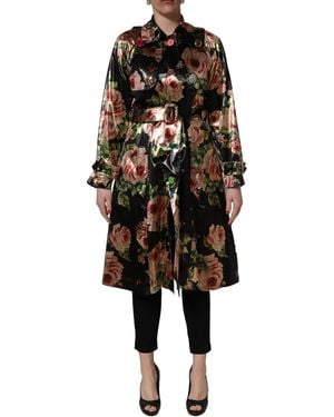 Dolce & Gabbana Black Floral Belted Polyester Trench Coat Jacket