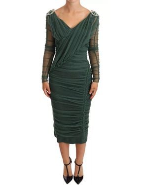 Dolce & Gabbana Green Mesh Crystal Ruched Tulle Midi Dress